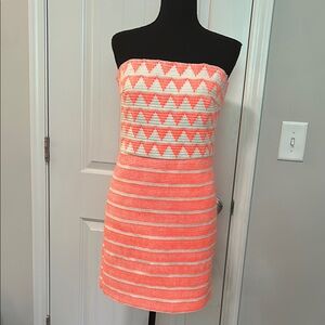 Bebe Women’s Large Strapless Coral & White Geometric Bodycon Mini Dress